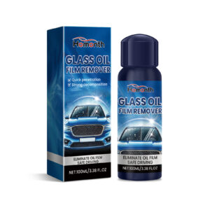 Fast-acting car glass cleaner removing oil film from windshield