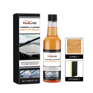 Fast-acting car glass cleaner removing oil film from windshield