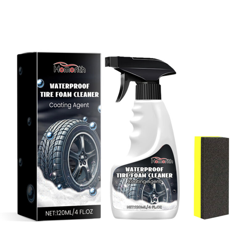 Fast-acting car tire foam cleaner for deep decontamination of tire surfaces