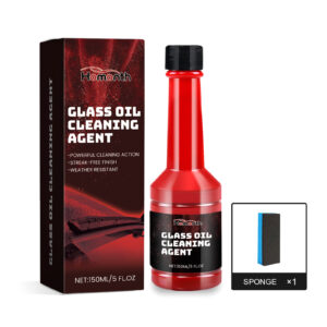 Fast-acting car windshield cleaner removing oil film from glass surface