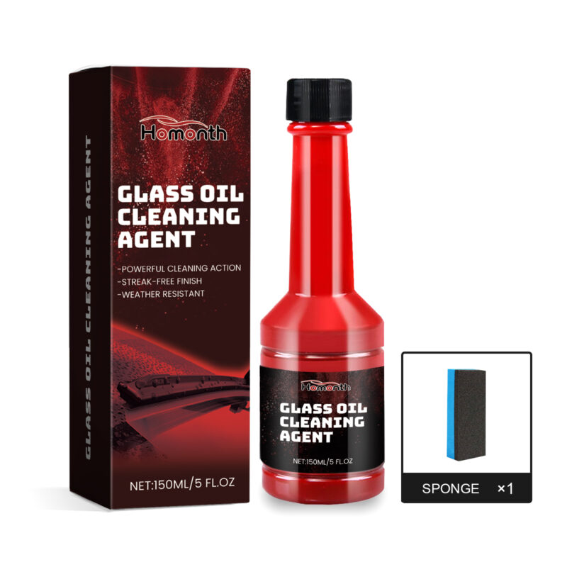 Fast-acting car windshield cleaner removing oil film from glass surface