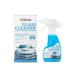 Fast-acting car windshield cleaner removing tough oil film from glass surface
